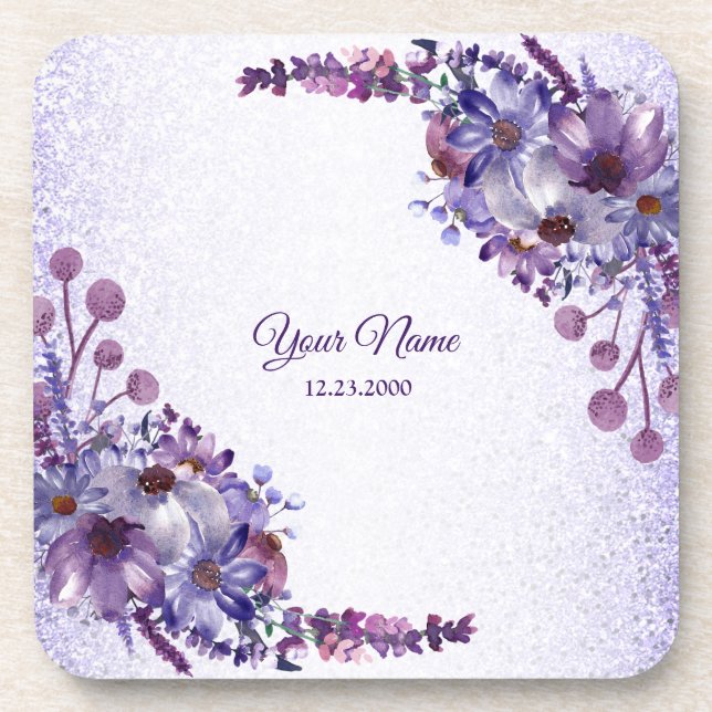 Purple Blue Pink Floral Glitter Wedding Party Beverage Coaster (Front)