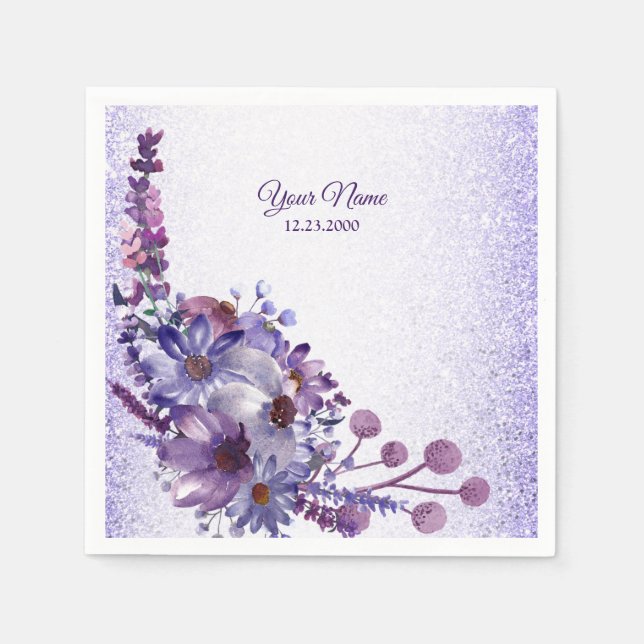 Purple Blue Pink Floral Glitter Wedding Party Napkins (Front)