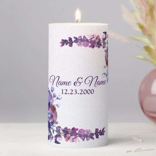 Purple Blue Pink Floral Glitter Wedding Party Pillar Candle