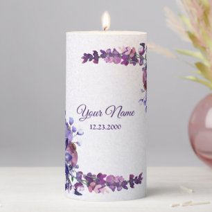 Purple Blue Pink Floral Glitter Wedding Party Pillar Candle