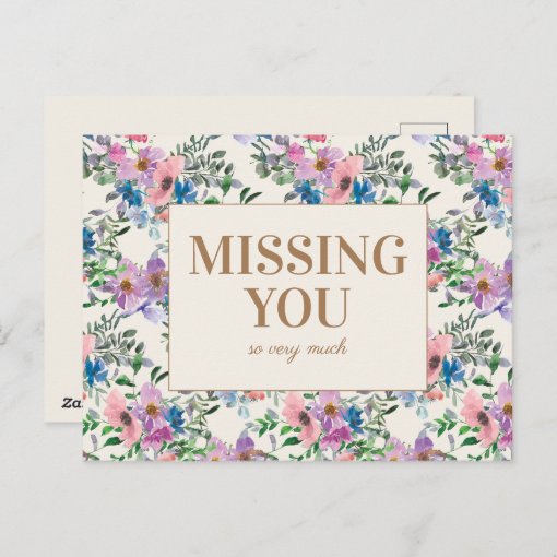 Purple Blue Pink Floral Gold Missing You Postcard | Zazzle