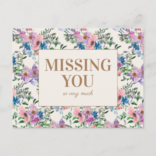 Purple Blue Pink Floral Gold Missing You Postcard