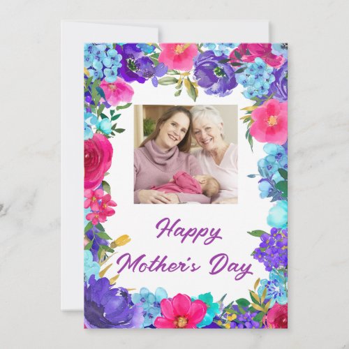 Purple Blue Pink Floral Photo Mothers Day Card