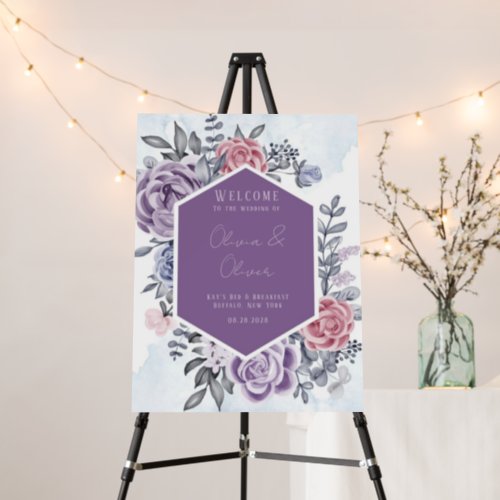 Purple Blue Pink Floral Wedding Welcome Sign