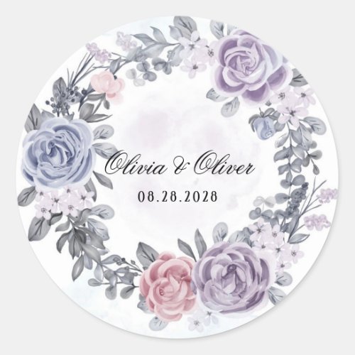 Purple Blue Pink Floral Wreath Wedding Classic Round Sticker