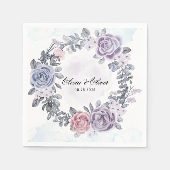 Purple Blue Pink Floral Wreath Wedding Napkins (Front)