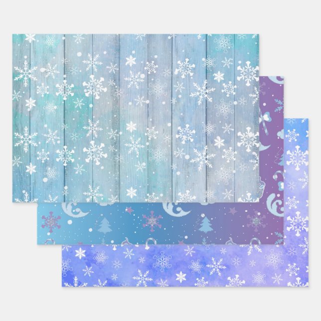 PURPLE BLUE PINK HOLIDAY WINTER ITEMS WRAPPING PAPER SHEETS (Set)