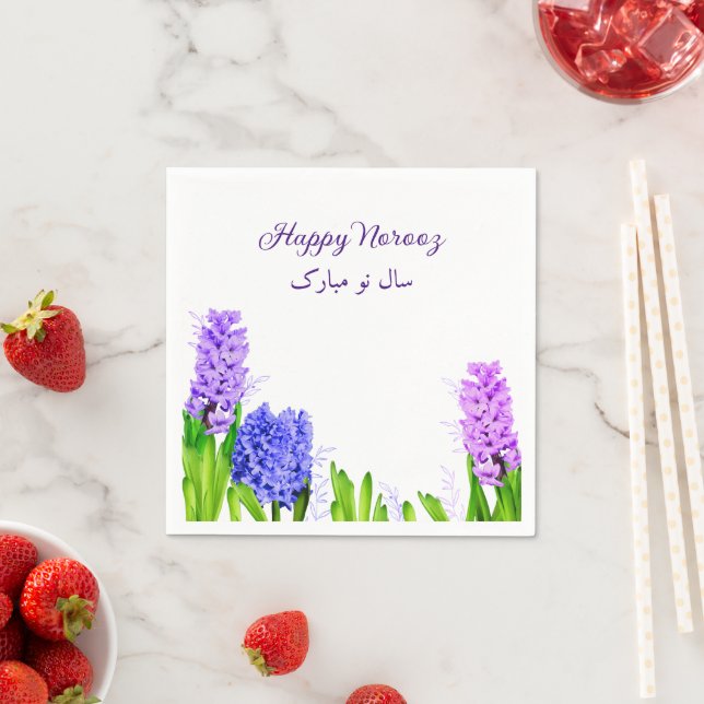 Purple Blue Pink Hyacinth Flowers Happy Norooz Napkins (Insitu)