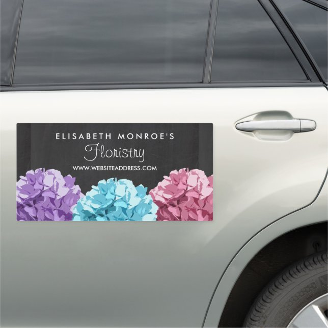 Purple, Blue & Pink Hydrangea Chalkboard Floristry Car Magnet (In Situ)