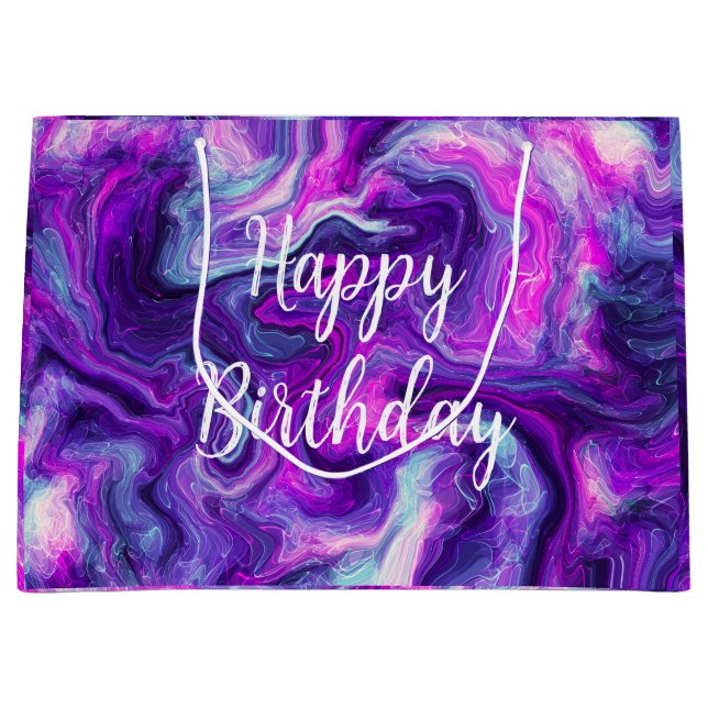 Purple, Blue, Pink Marble Fluid Art Birthday  Large Gift Bag (Front)