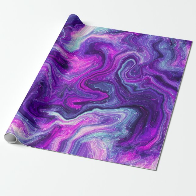 Purple, Blue, Pink Marble Fluid Art Birthday  Wrapping Paper (Unrolled)