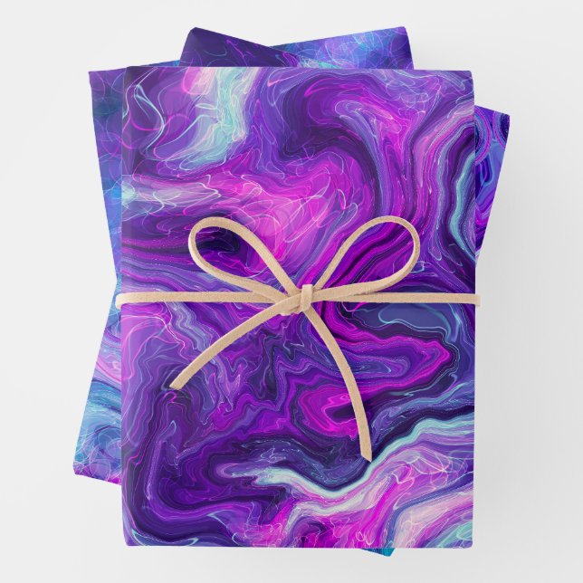 Purple, Blue, Pink Marble Fluid Art Birthday Wrapping Paper Sheets (In situ)