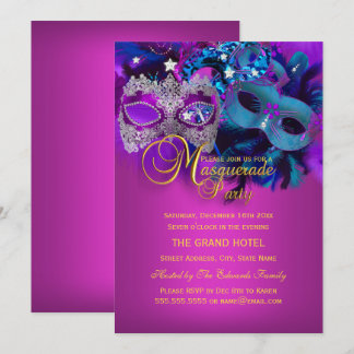 Purple Blue Pink Masks Masquerade Party Invite