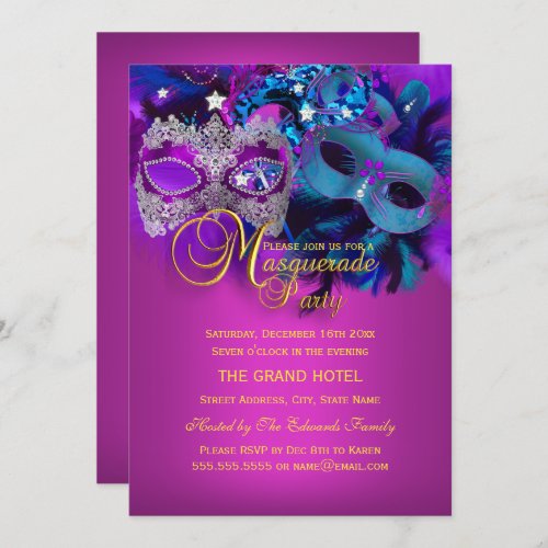 Purple Blue Pink Masks Masquerade Party Invite