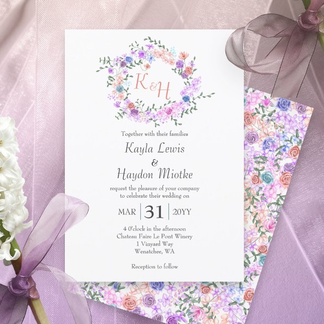 Purple, Blue, Pink, Peach Roses Wedding Wreath Invitation (pastel spring springtime flowers pink purple blue mauve colorful wedding invitations roses wreath)