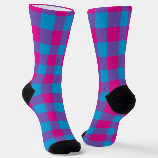 Purple Blue Pink Plaid Checker Pattern Socks (Angled)