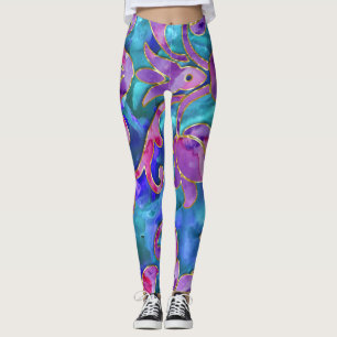 Purple Blue Pink Watercolor Damask Design Leggings