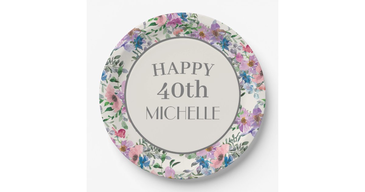 Purple Blue Pink Watercolor Floral 40th Birthday Paper Plate