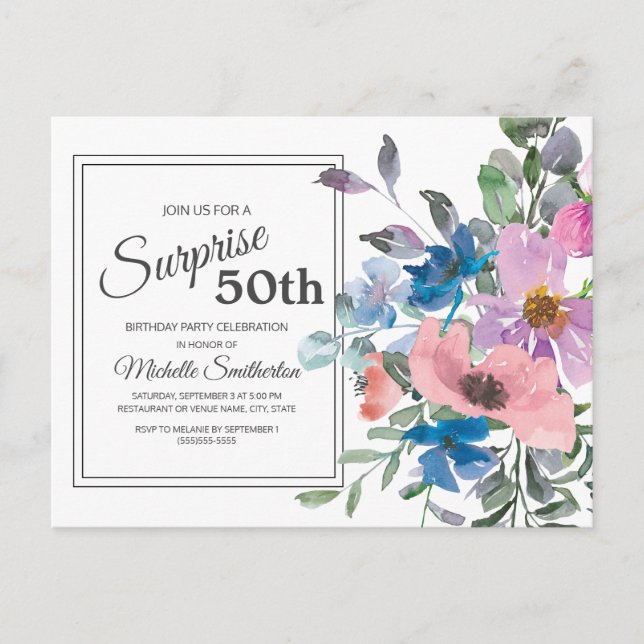Purple Blue Pink Watercolor Floral 50th Birthday Postcard (Front)