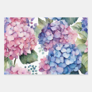 Purple, Blue, Pink Watercolor Hydrangea Flowers  Wrapping Paper Sheets