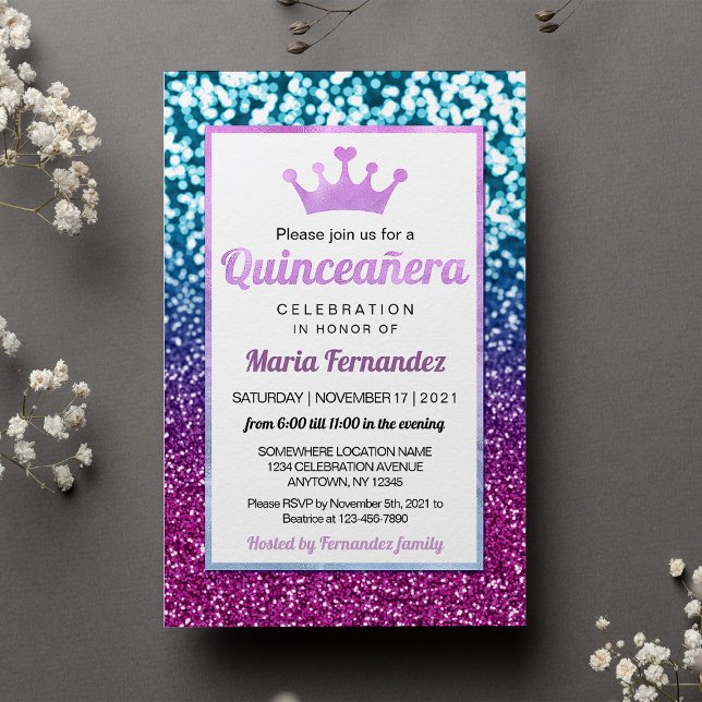 Purple Blue Princess Quinceañera Bokeh Invitation (Creator Uploaded)