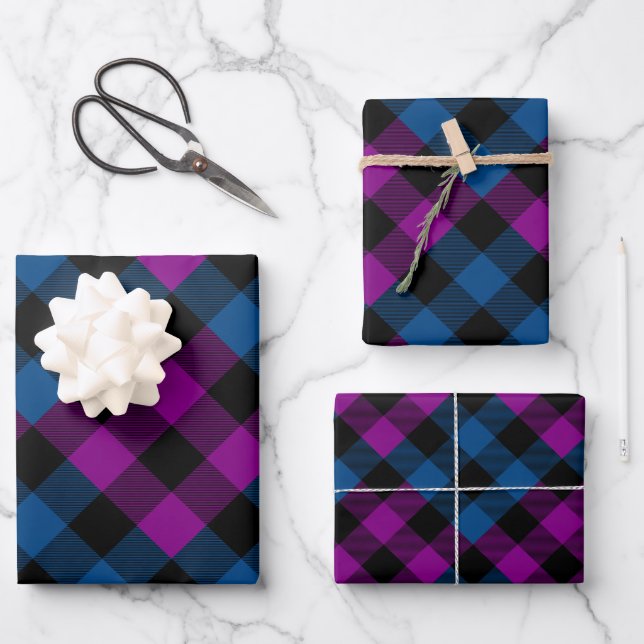 Purple & Blue Quilt Buffalo Plaid Holiday Wrapping Paper Sheets (Front)