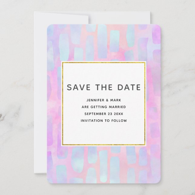 Purple & Blue Rectangle Shapes on Pink Wedding Save The Date (Front)