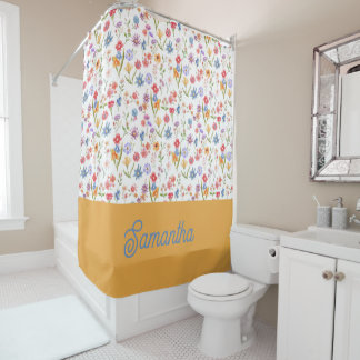 Purple Blue Red Watercolor Wildflower Monogram Shower Curtain