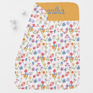 Purple Blue Red Watercolor Wildflower Name Baby Blanket