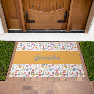 Purple Blue Red Watercolor Wildflower Name Doormat