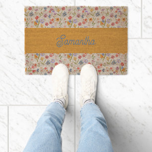 Purple Blue Red Watercolor Wildflower Name Fiber Doormat