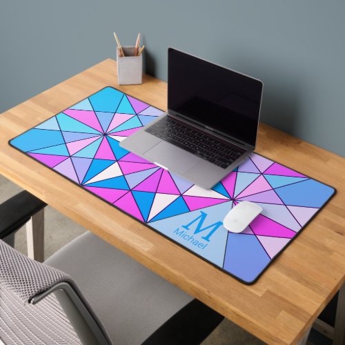 Purple blue retro Mosaic Triangle Pattern Monogram Desk Mat