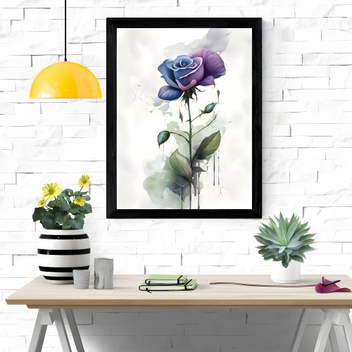 Purple  Blue Rose Botanical Watercolor Art Poster