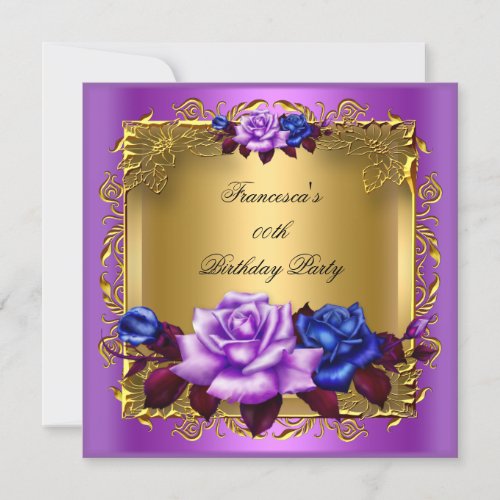 Purple Blue Roses Gold Elegant Birthday Party Invitation