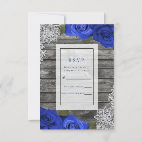 Purple Blue Roses Rustic Wood White Lace RSVP Invitation