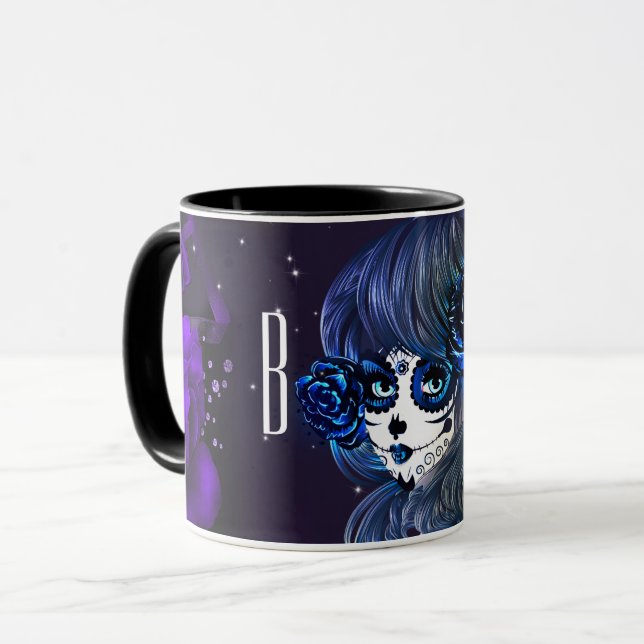 Purple Blue Roses Sugar Skull Girl Personalized Mug (Front Left)