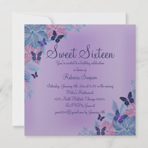 Purple  Blue Shimmer Butterfly Sweet 16 Invite