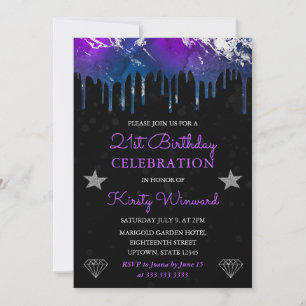 Purple, Blue & Silver Galaxy Marble 21st Birthday Invitation
