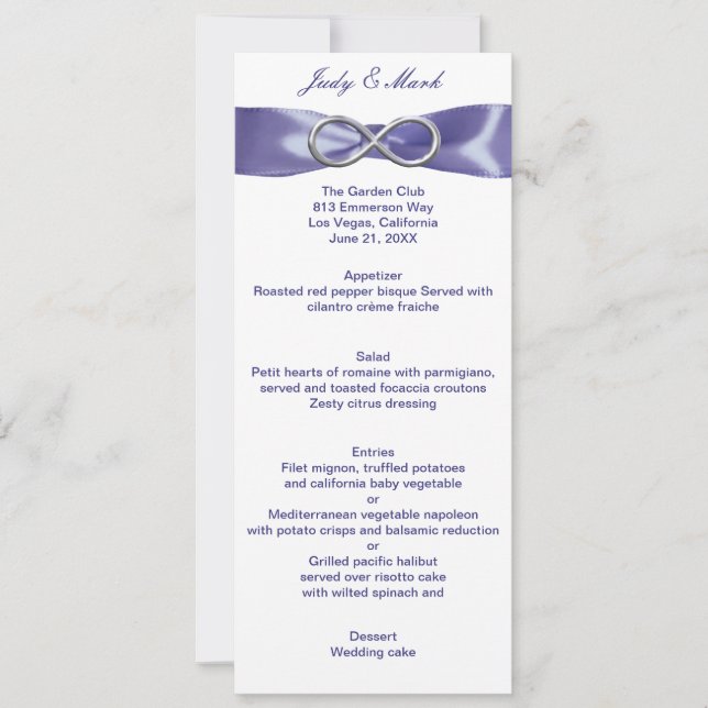 Purple Blue Silver Infinity Wedding Menu Card (Front)