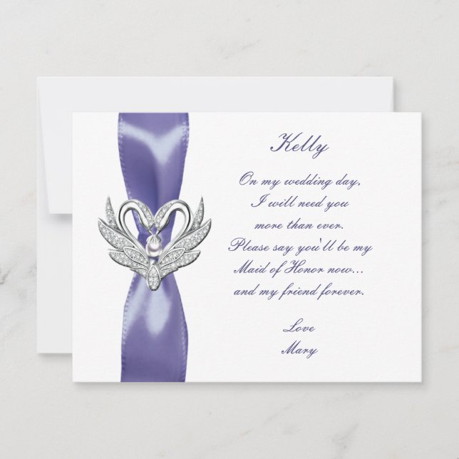 Purple Blue Silver Swans Maid Of Honor Card (Front)