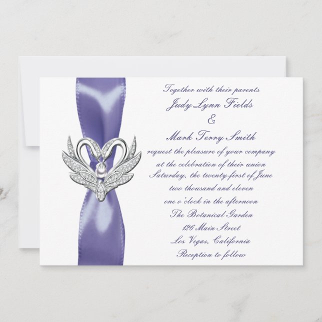 Purple Blue Silver Swans Wedding Invitation (Front)