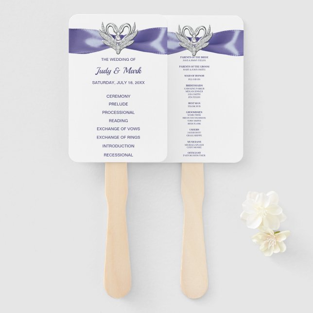 Purple Blue Silver Swans Wedding Program Fans (Front and Back)