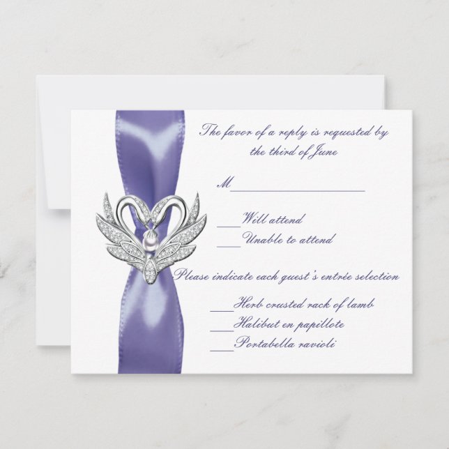 Purple Blue Silver Swans Wedding Response Card (Front)