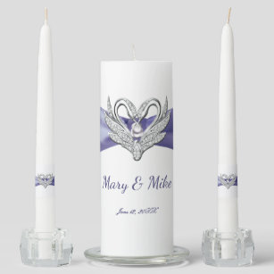 Purple Blue Silver Swans Wedding Unity Candle Set