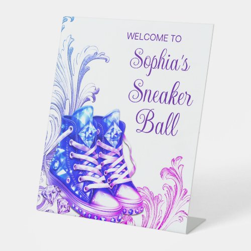 Purple Blue Sneaker Ball Welcome Table Pedestal Sign
