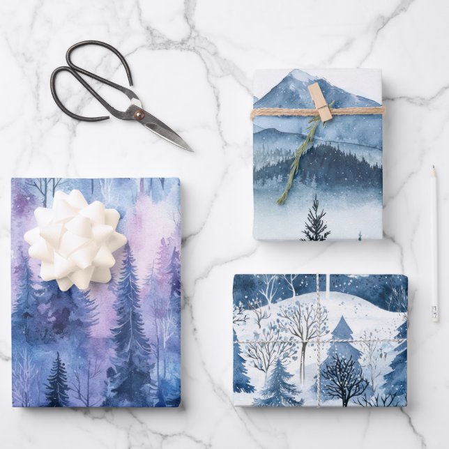 Purple Blue Snow Winter Trees Wrapping Paper Sheets (Front)