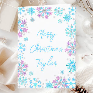 Purple Blue Snowflakes Merry Christmas with Name Holiday Card