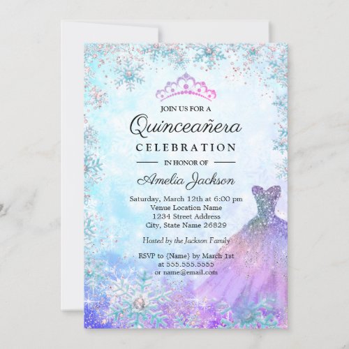 Purple Blue Sparkle Snowflakes Winter Quinceanera Invitation