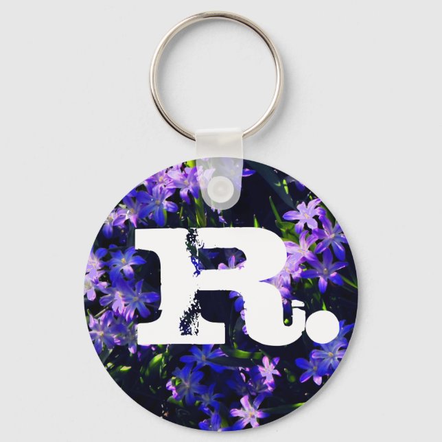Purple Blue Squill Spring Flowers & Monogram Keychain (Front)