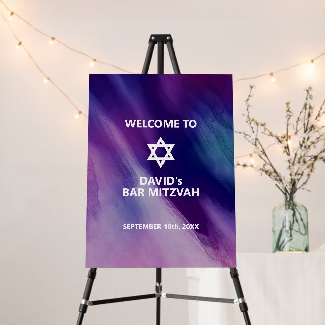 Purple Blue Star David Bar Mitzvah WELCOME Sign (In Situ (Stand))